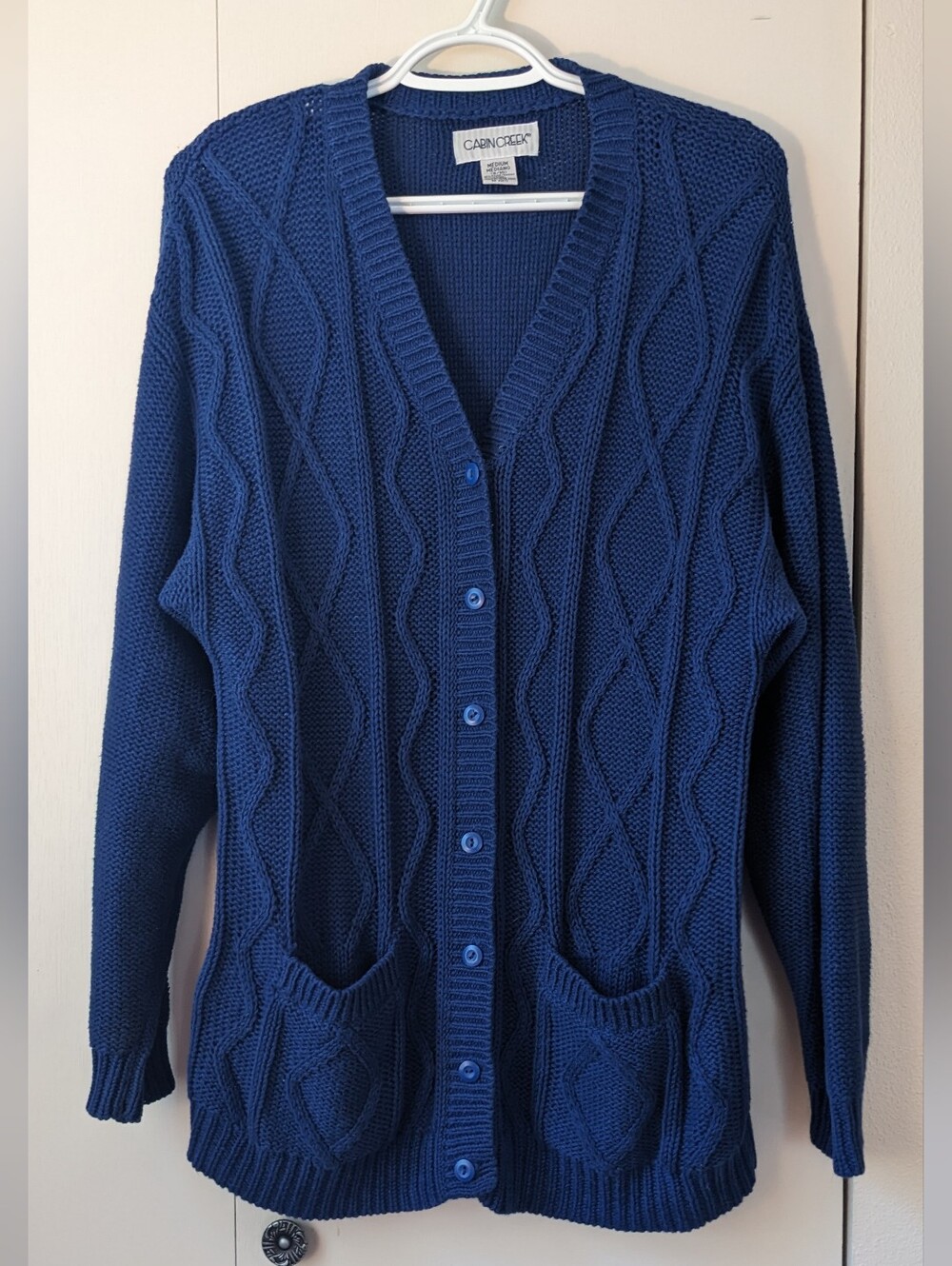 Vintage 90s Cobalt Blue Chunky Cable Knit Cardigan Sz M Oversized Cabin Creek